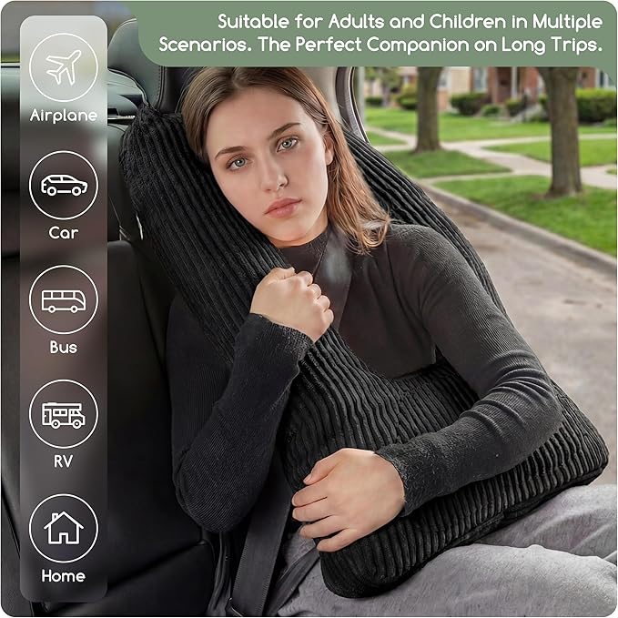 HIGOGOGO Washable Travel Pillow, Car Pillow for Kids & Adults, Travel Pillows with Removable Soft Cover and High-Support Foam, Fix Neck and Body Sitting/Sleeping on The Trip, Black