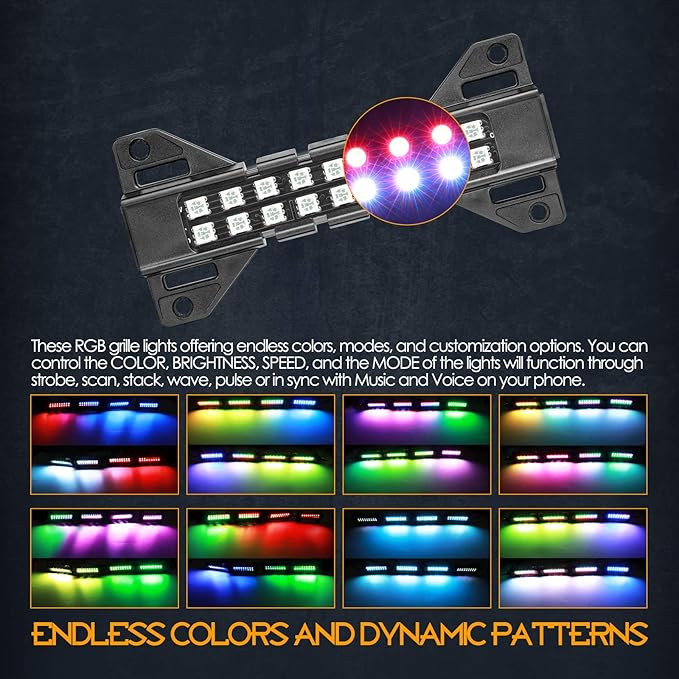 Nirider RGB LED Grille Light Kit Strobe Lights Underglow Rock Light Truck Lights for Tacoma 4Runner GMC Chevy Car SUV ATV UTV Grille Accessories - 8 Pods