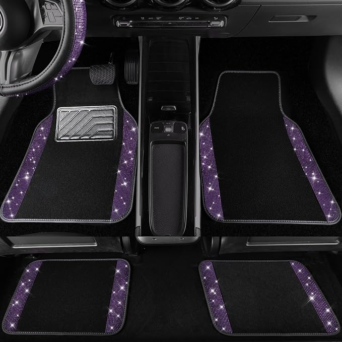 CAR PASS Bling Rhinestones Diamond Car Floor Mat, Crystal Sparkly Shining Glitter Carpet, Waterproof Anti-Slip PVC Heel Pad Universal Fit Interior Set SUV,Sedan,Van,4pcs Girl Women Men Violet Purple