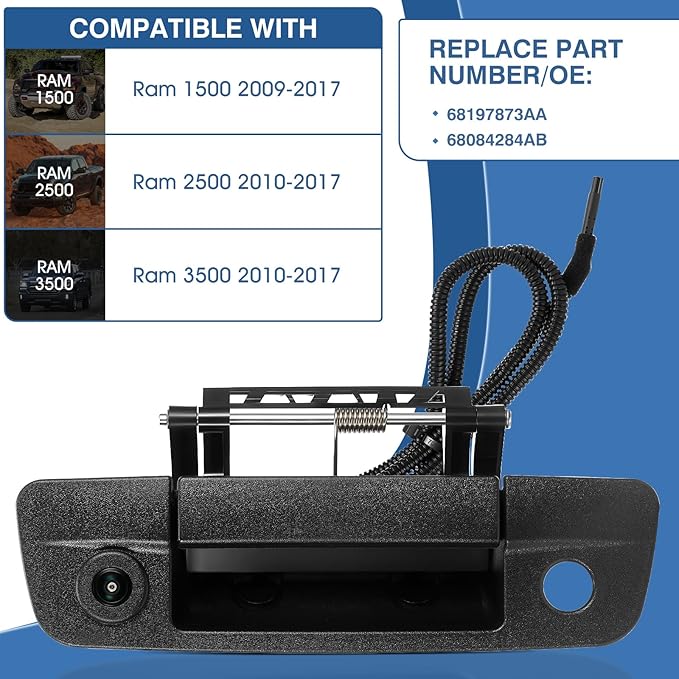 Tailgate Handle Backup Camera Fit for Dodge RAM 1500 2009-2017,Fit for Dodge RAM 2500 3500 2010-2017 Tailgate Reversing Rear View Park Assist Camera RCA Plug Replaces 68084284AB