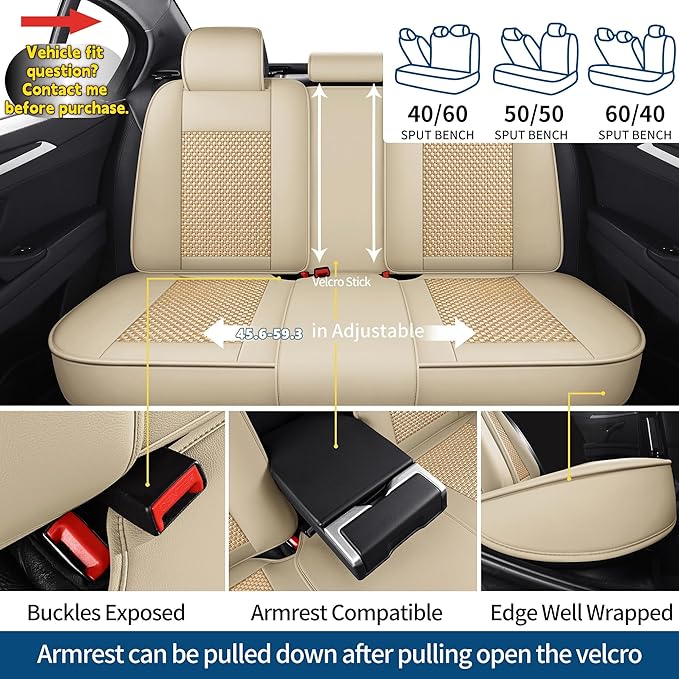Chezope Car Seat Covers Full Set, Beige Leather Seat Covers, Breathable Front and Back Car Seat Protectors, Wear-Resistant Seat Covers Universal Fit for Most Cars SUV Truck (Beige-Stripes-B, Full Set)