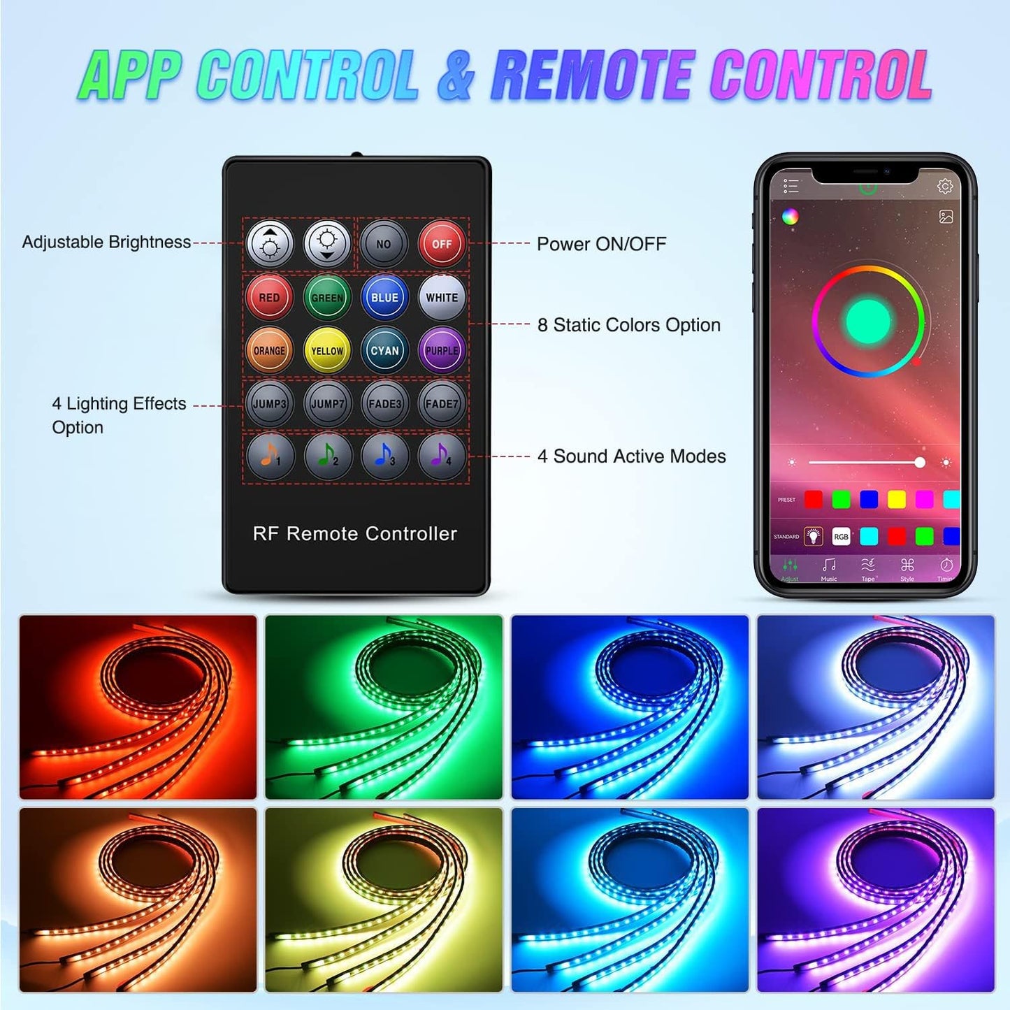 Nilight 4Pcs Car Underglow Neon Accent Strip Lights 256 LEDs RGB Multi Color DIY Sound Active Function Music Mode with APP Control and Remote Underbody Light Strips