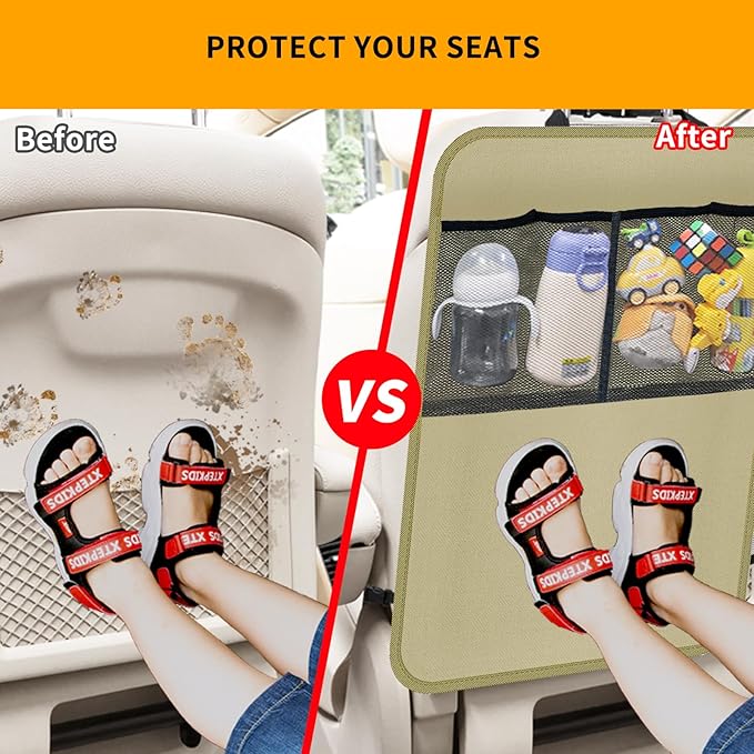 2 Pack Kick Mat Backseat Protector,Back Seat Cover for Kids,Car Seat Back Protectors with 2 Pocket Storage Organizer for Car, SUV, Minivan or Truck Seats (Beige)