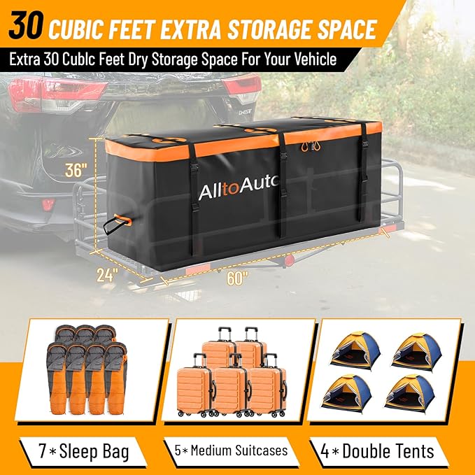 30 CuFt Waterproof Cargo Bag for Hitch Carrier | 60"x24"x36" Trailer Hitch Cargo Carrier | Weatherproof Truck Bed Storage with Straps, Lock & Carry Case | PVC Vehicle Soft-Shell Carriers