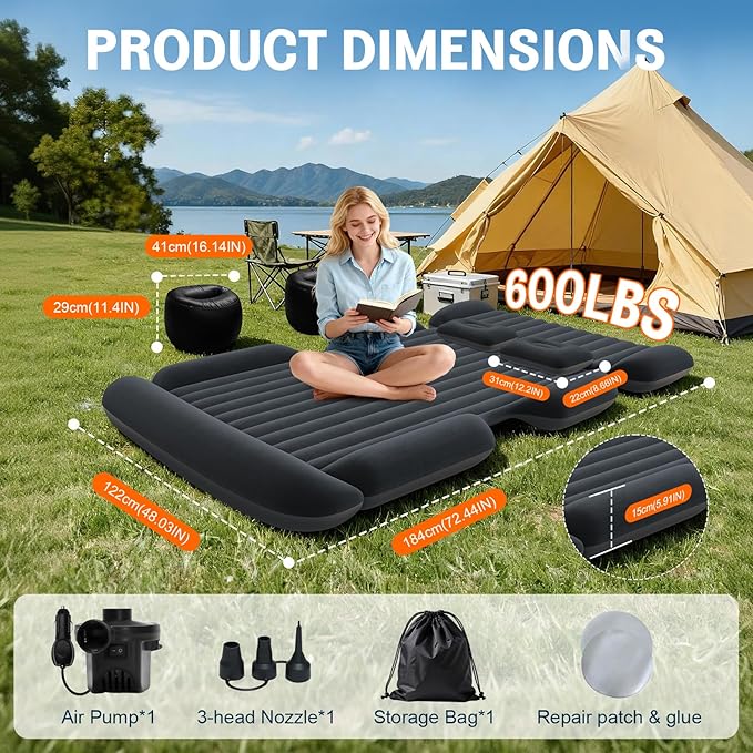 SUV Air Mattress - Thickened Car Air Mattress with Electric Pump, Portable Inflatable Car Bed with 2 Pillows, Camping Mattress Back Seat for SUV Trunk, Travel, Home (Black)