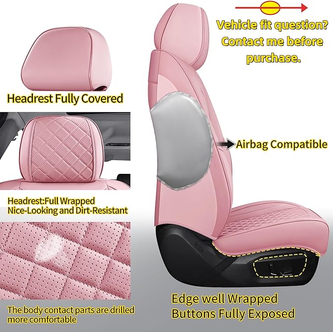Chezope Car Seat Covers Full Set, Pink Leather Seat Covers, Breathable Front and Back Car Seat Protectors, Wear-Resistant Seat Covers Universal Fit for Most Cars SUV Truck (Pink-Diamonds,Full Set)