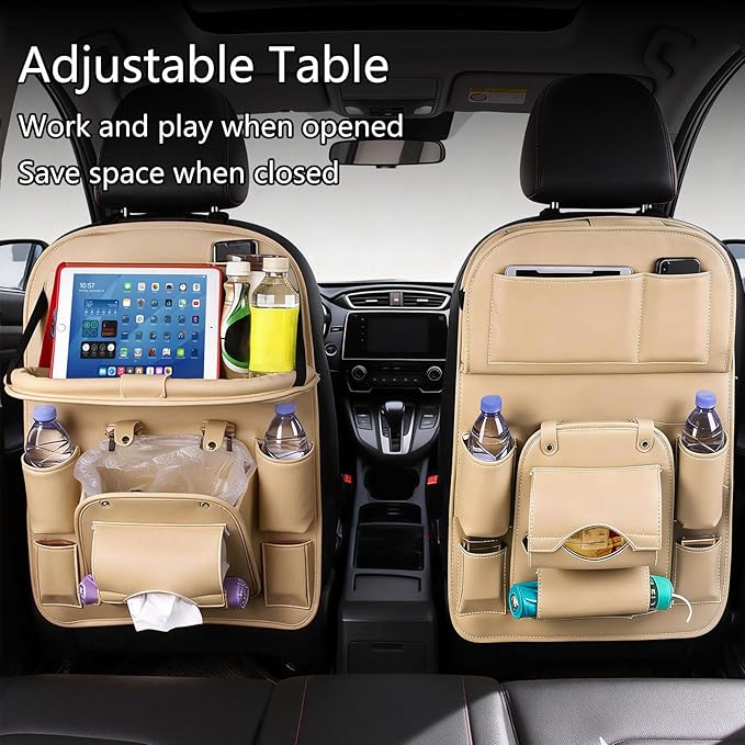 Car Seat Organizer, Multifunctional Backseat Protector Mat, Storage Bag and Tray Rack, Trash Storage (Suitable for Cars, Children, Back of Seats, and Rear Seats) (WHITE, Leather 1-Piece Set)