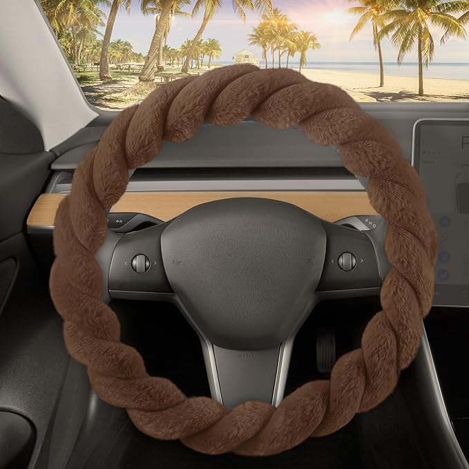 Carbella Twisted Fur Brown Soft Steering Wheel Cover, Standard 15 Inch Size Fits Most Vehicles, Fuzzy Fluffy Car Steering Cover with Soft Faux Fur Touch, Car Accessories for Women
