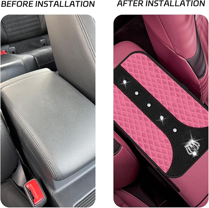 Pink Bling Car Console Cover Hot Pink Arm Rest Center Console Cushion Pad, Universal Anti-Slip Leather Armrest Box Decor Protector with Crystal Sparkling Rhinestone Car Accessories(Pink)