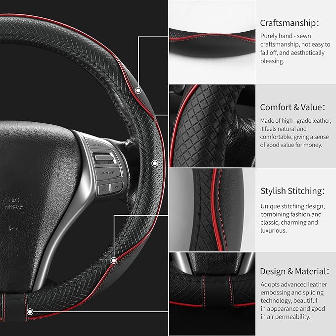 Leather Car Steering Wheel Cover,Anti-Slip, Safety, Soft, Breathable, Heavy Duty, Thick, Full Surround, Sports Style,Universal Car Accessories for Women Men Fit 14"1/2-15"(Black with Red line)