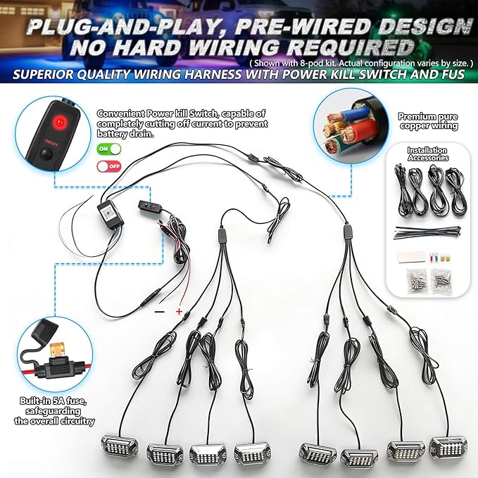 16Pods Full Angle RGB LED Rock Lights Kit for Trucks Pickup Jeep Gladiator Off-Road, 480Chip Waterproof Multicolor Underglow Light with APP/RF Remote, Pre Wired 12V Underbody Accent Light Dual Zone