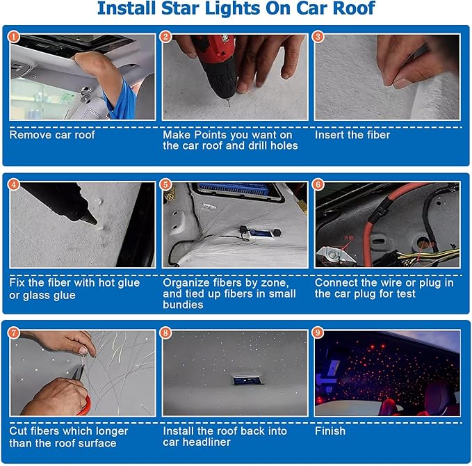 AZIMOM Mini 6W Twinkle 550pcs0.03in 9.8ft Fiber Optic Starlight Headliner+180pcs Fiber Pure White Meteor Shooting Star for Car Home, End Glow Fiber Strands Sound-Activated APP& Remote Control