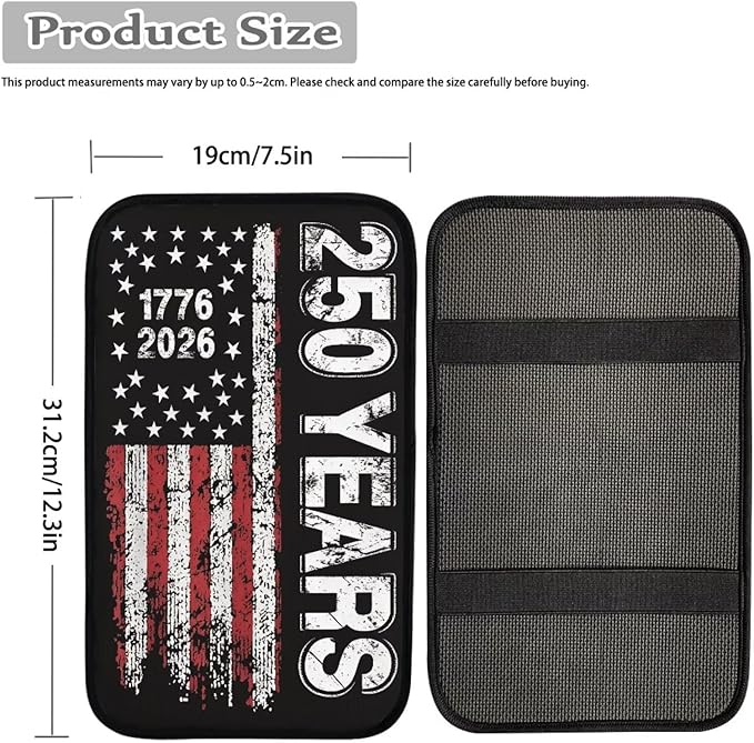 Dreaweet 250 Years American Flag Car Center Console Cover Patriotic Car Accessories Arm Rest Cover Middle Console Cushion Pad Anti-Scratch Universal Armrest Storage Box Mat