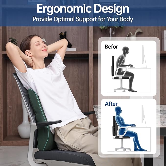 Lumbar Support Pillow for Office Chair, Back Support Pillow with Memory Foam, Relieves Back Pain, Removable Washable Cover & Adjustable Strap, for Car/Gaming Chair,Gift-Dark Green