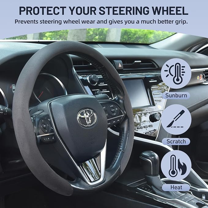 Suede Steering Wheel Cover, Universal 15 Inch Car Steering Wheel Cover, Non-Slip Design,Breathable,Car Interior Accessories Gray