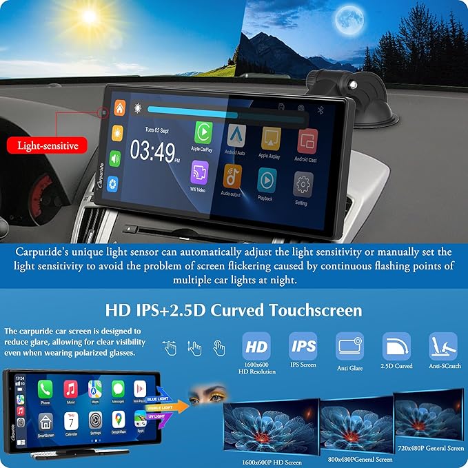 Carpuride W903 Wireless Carplay & Android Auto with Dash Cam - 9.3" HD IPS Touch Car Play Screen for Car, 4K Front & 1080P Rear Camera, Loop Recording, Bluetooth Audio, Mirror Link, GPS, Siri