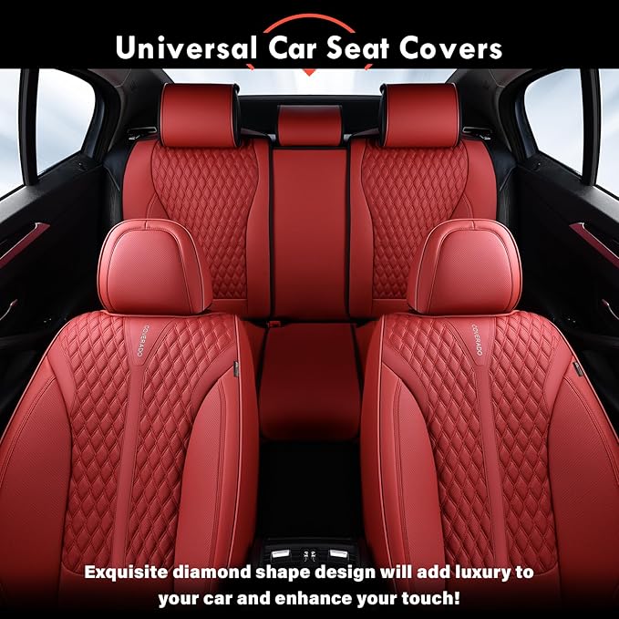 Coverado Car Seat Covers Full Set, Waterproof Nappa Leather Seat Covers for Cars, Front and Back Car Seat Protector, Luxury Car Seat Covers, 5 Seats Universal Red Car Seat Cover Fit for Most Cars