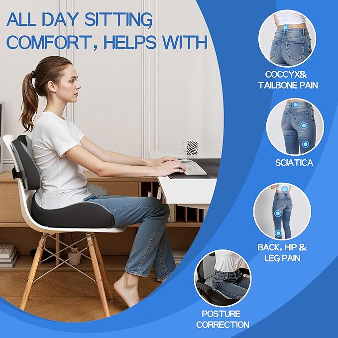 Benazcap Large Memory Foam Seat Cushion Lumbar Support Pillow for Sciatica & Tailbone Pressure Relief Coccyx Pad for Office Chair, Wheelchair, Car, Home, Office, Grey