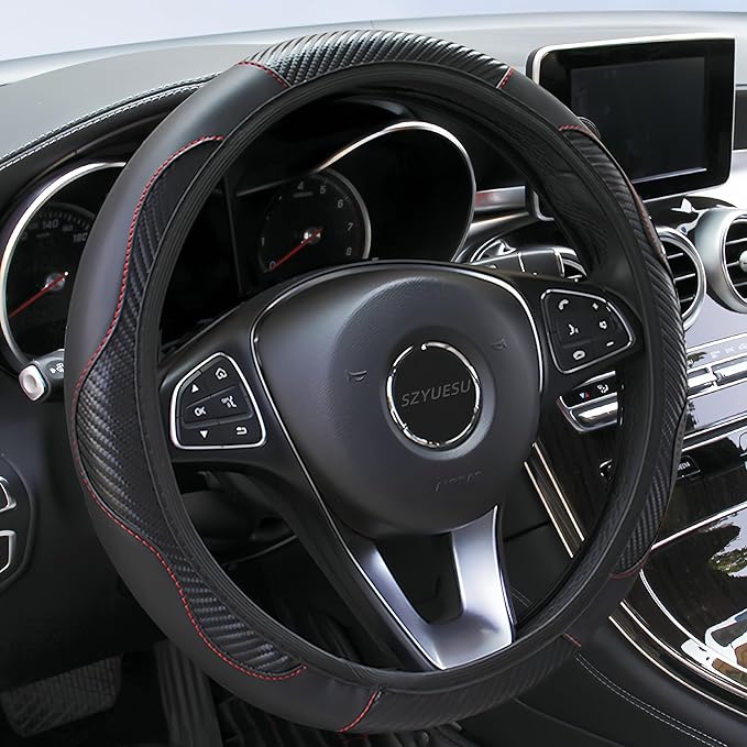 Car Steering Wheel Cover, 15 inch Microfiber Leather Carbon Fiber Soft Anti-Slip Breathable, Universal Size Elastic Car Accessory for Most Cars (Black)