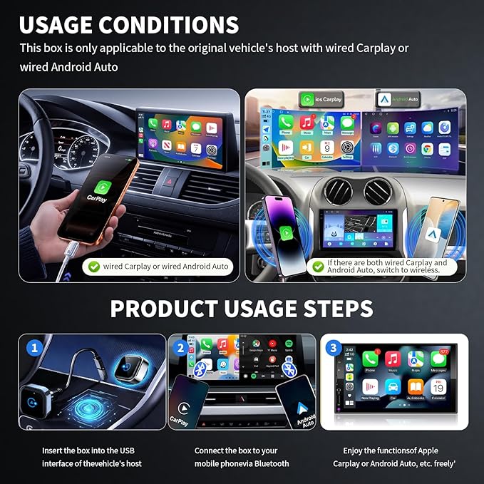 Wireless CarPlay and Android Auto Adapter, Ultra-Compact Aluminum Design with Dual-Band Technology, USB-C/USB-A Compatible for Wired CarPlay Vehicles