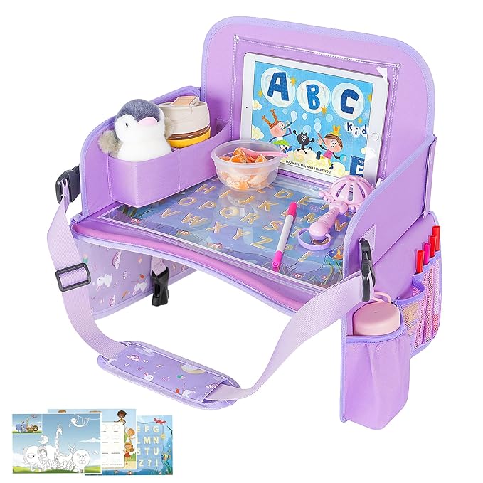 MENZOKE Kids Travel Tray for Toddler Car Seat, Toddler Gift for Girl Activities with Dry Erase Board & iPad Holder Stand, Road Trip Essentials Accessories Lap Tray for Girl as Birthday Gift, Purple