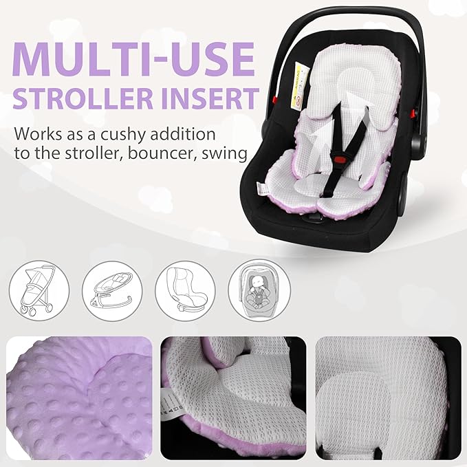 Infant Carseat Insert, 2-in-1 Reversible Baby Car Seat Cushion for Newborn Toddler Head & Body Support Car Seat Pad for Carseats, Strollers, Swings, Bouncers(Purple)
