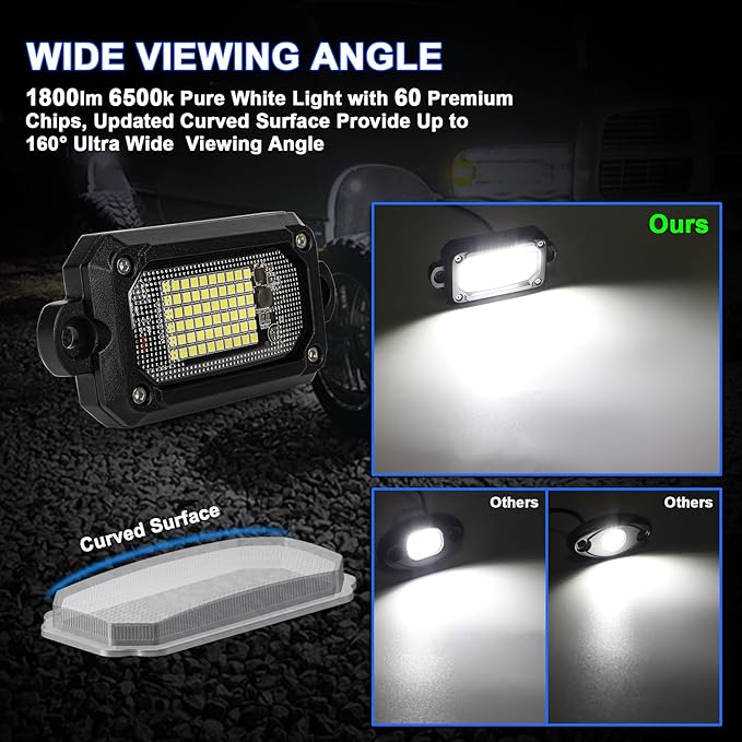 Rock Lights 60 Chip 6500K 8pcs Aluminum Housing Pure White Rock Lights for Trucks Jeep UTV ATV SUV Cars with 15FT Wire Harness