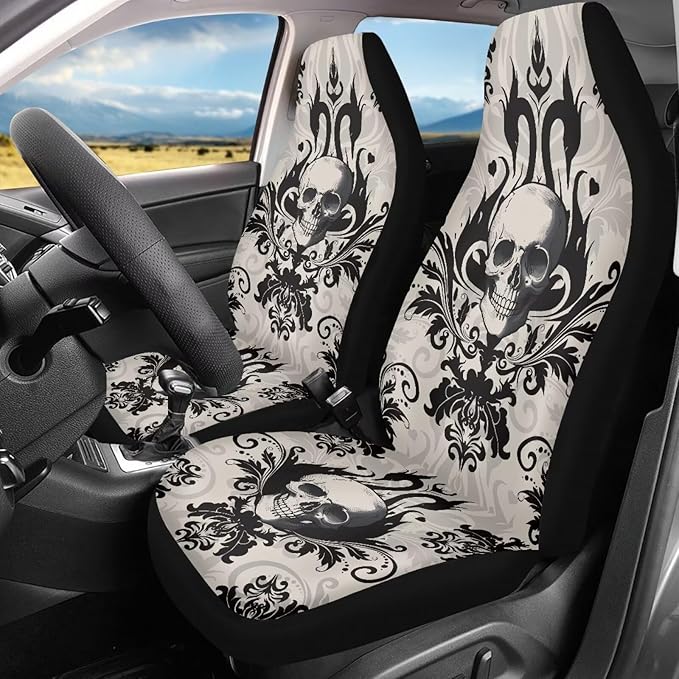 Halloween Skull Car Seat Cover Anti-Slip Back Fabric Haunted House Automobile Front Seat Covers Easy to Install Car Interior Automotive Accessories Suitable for Cars, SUV and Trucks