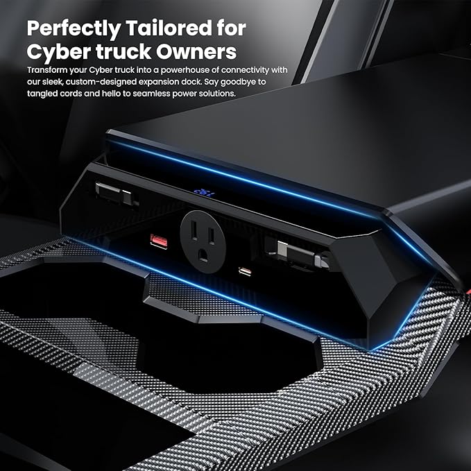 USB Charger Hub for Tesla Cybetruck with 110V AC Outlet & Retractable Cables - Seamless Integration, 30W PD/QC3.0 Fast Phone Charge, Center Console Docking Station Cybetruck Accessories (Black 1.0)
