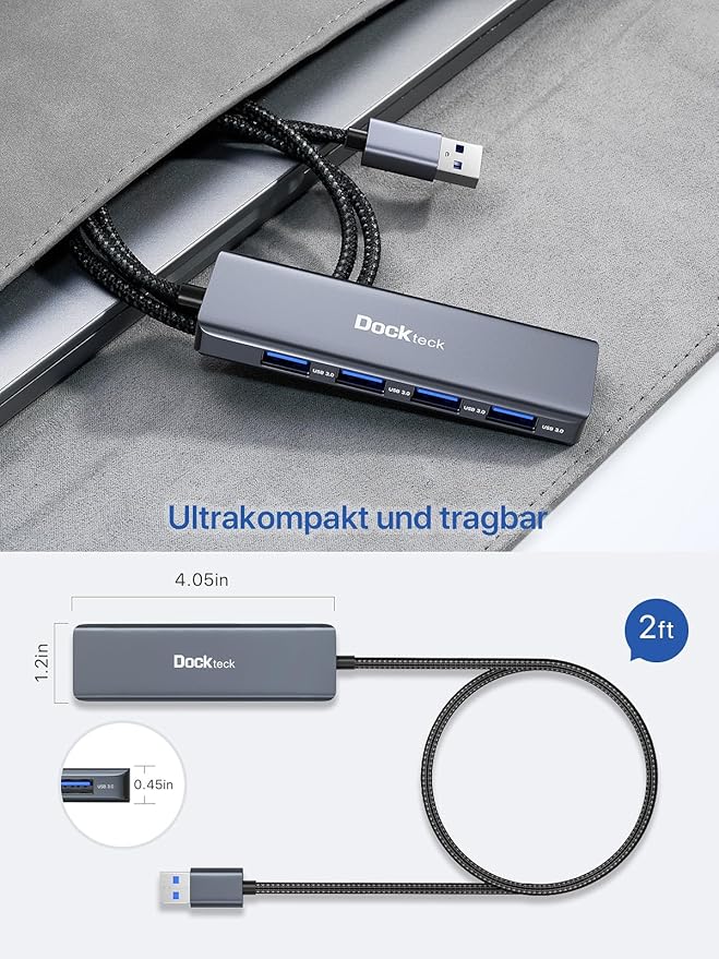 USB Hub, Dockteck 4-Port USB 3.0 Splitter, Aluminum 2ft USB Extender Compatible with MacBook,XPS, Surface Pro,Mac mini/Pro, iMac, Mouse, Keyboard, Flash Drive, HDD,Camera, and More