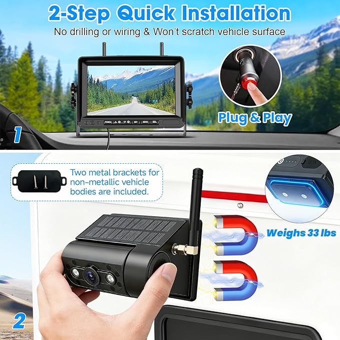 2 Magnetic Wireless Backup Camera: 3 Min Install 7" HD1080P Monitor, Rechargeable No Wiring Scratch-Proof Waterproof IR Night Vision Solar Wireless Backup Camera for Trucks/RV/Trailer/Camper/SUV