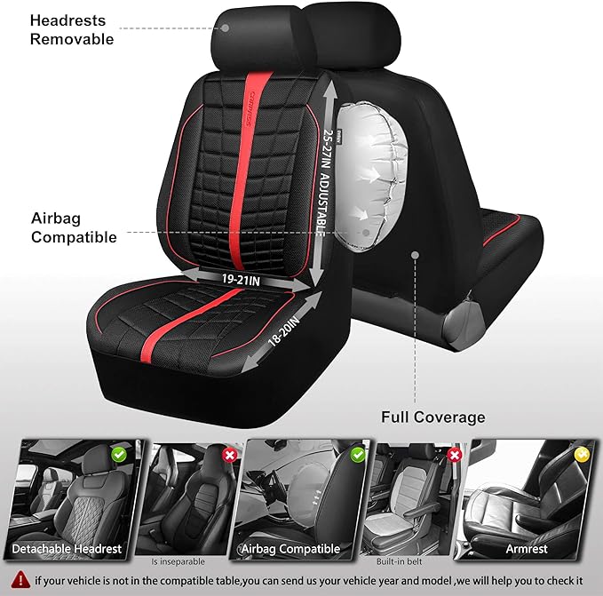 CAR PASS Leather Mesh Car Seat Covers Full Set, 3D Foam Breathable Luxury Mesh Leather Seat Covers Full Set, Universal Fit for Cars Trucks SUV, Airbag Compatible, Anti Slip Seats 5 Black Red