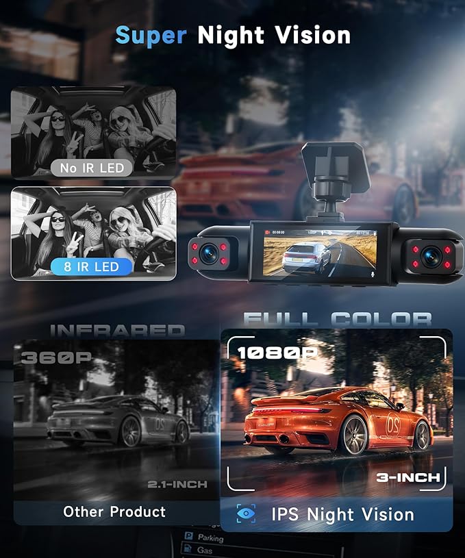 4 Channel 360° Dash Camera Front and Rear Inside Left Right, 3.16 Inch Dash Cam for Cars, Built-in Night Vision, Sensitive Motion Detection 24/7 Recording Parking Mode Monitor Reversing Help