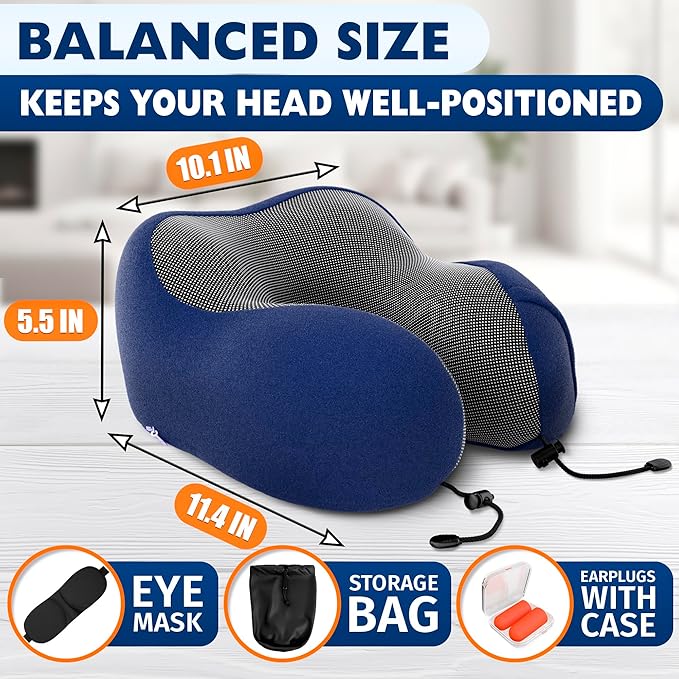 Neck Pillow for Plane Travel – 4-in-1 Kit | Adjustable Blue Memory Foam Neck Support Pillow, Eye Mask, Earplugs, & Cover | Cozy, Washable Cotton Cover with Secure Buttons – Comfort Traveling