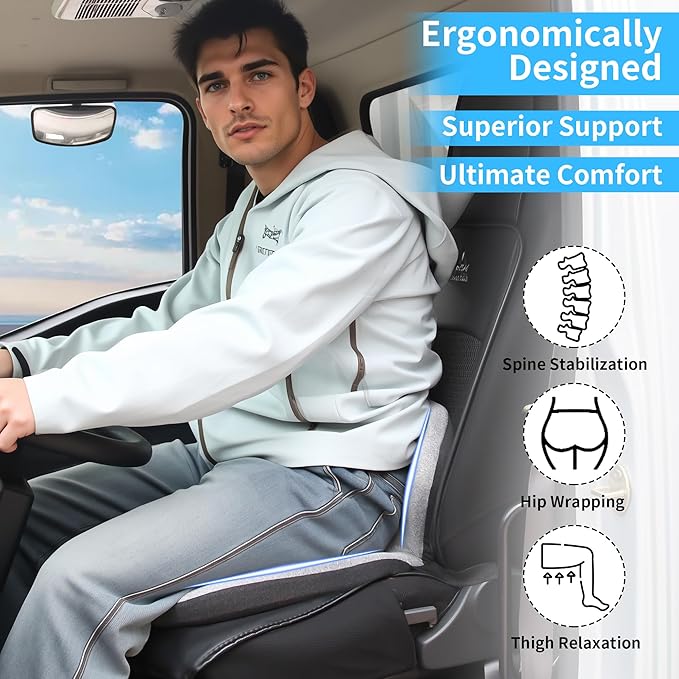 Memory Foam Truck Seat Cushion & Lumbar Support Set – Ergonomic U-Shape Tailbone Relief + L-Shape Back Cushion for Long-Haul Semi/Pickup Drivers Breathathable Cover Non-Slip Bottom Light Gray