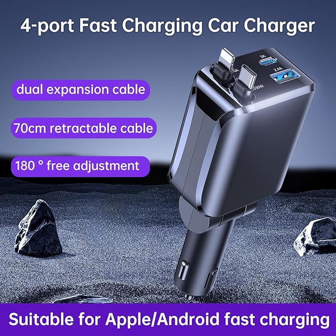 4 in 1 Retractable Car Charger, 69W Fast Charging USB C Car Charger with 2 Built-in Cables & Dual Ports, Multi Port Car Phone Charger Adapter for iPhone 17/16/15, Tablets, Android