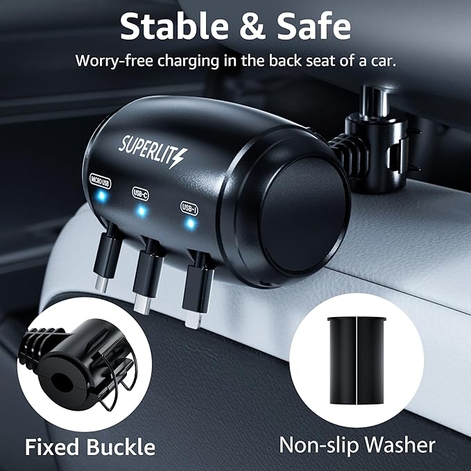 Superlit 3-in-1 Retractable Backseat Car Charger – Headrest Mount Charging Station for Uber, Lyft and Rideshare Drivers, Fast Multi USB Charging Device for Passengers Compatible with All Phones