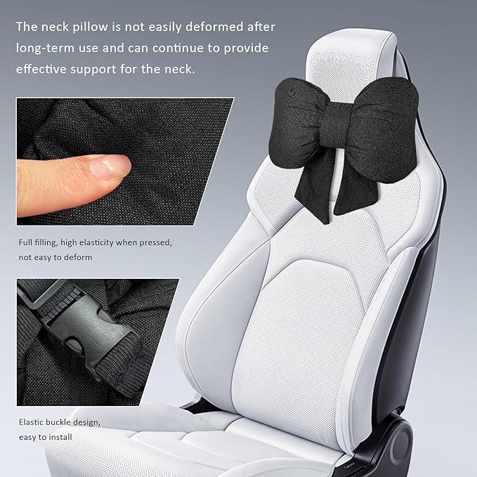 Sun Walker Bow Car Headrest Pillow, Breathable Bow-Shaped Vehicle Neck Pillow with Adjustable Strap, Ergonomic Neck Support Cushion Driving Seat Decoration for Women Girls (Black)