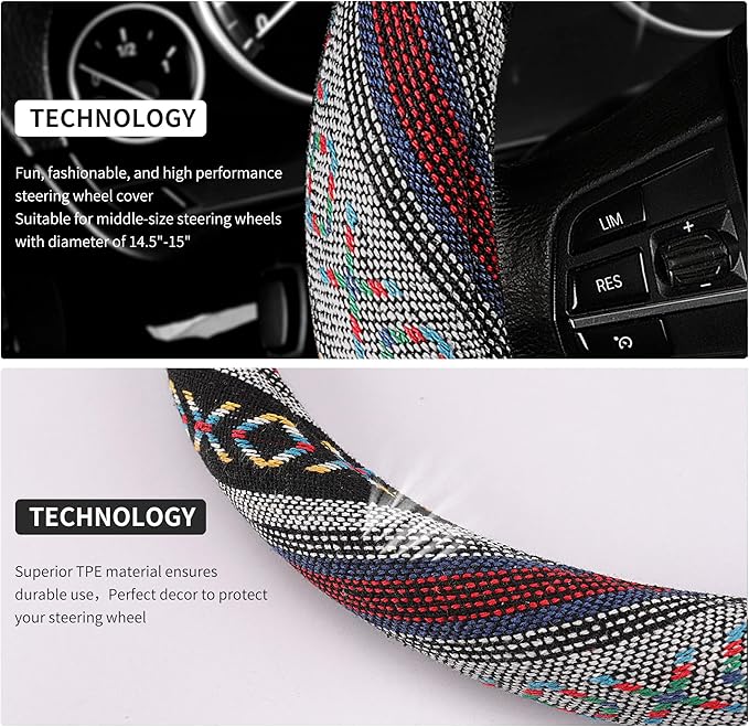 GXT 15 inch New Baja Blanket Car Steering Wheel Cover Universal Fit Most Cars Automotive Ethnic Style Coarse Flax Cloth (Red Blue)