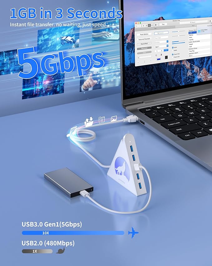 7 Port USB Hub, JoyReken USB 3.0 Hub with 2 FT Long Cable, Vertical USB Extension Hub for Laptop, MacBook, Flash Drive, XPS, PC, Flash Drive, Game Console, Printer, Camera,Keyborad, Mouse (White)