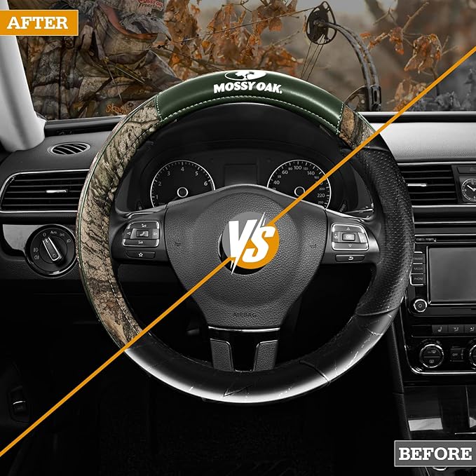 Mossy Oak Camo Steering Wheel Cover, Durable Grip Car Steering Cover, Universal Fit 14.5"–15.5" - Made with Premium Green PVC Leather and Cotton Fabric, Anti-Slip - Official Licensed Product