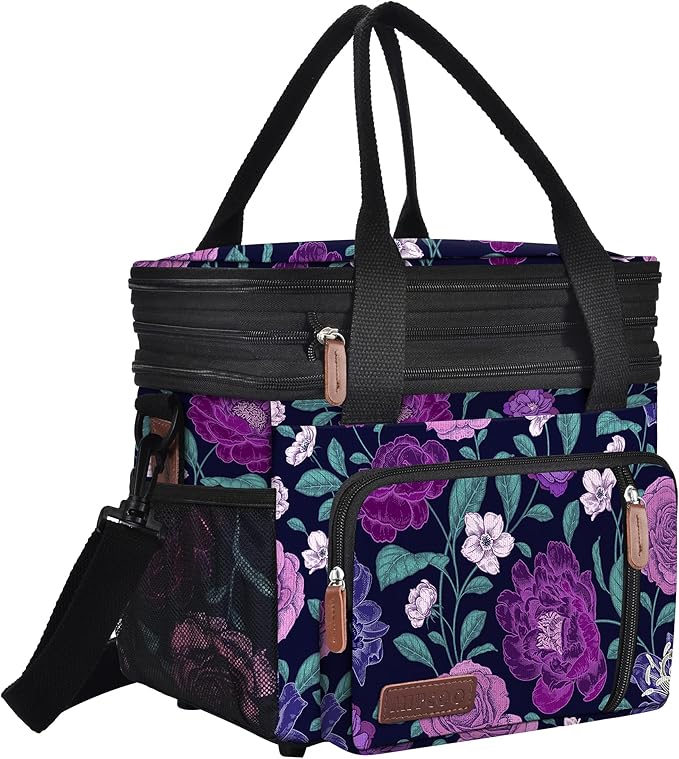 MIYCOO Lunch Bag & Lunch Box for Women Men, Double Deck Leakproof Insulated Soft Large Adult Camping Cooler bag for Work, Beach, Picnic, Travel (Purple Flower, 15L)