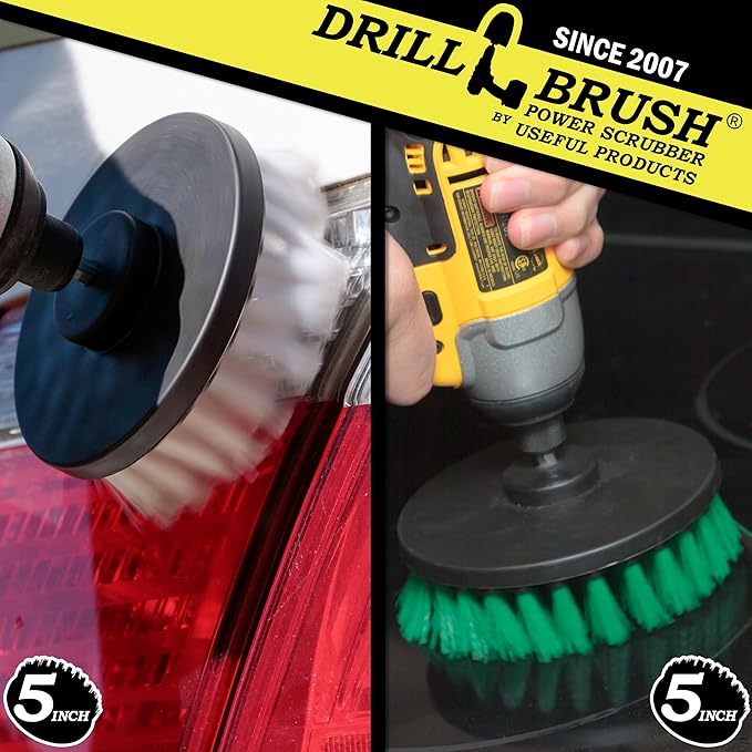 Household Cleaners - Drill Brush Soft White and Medium Green Combo Kit - Cleaning Supplies - Glass Cleaner - Scrub Brush - Leather, Shower Doors, Carpet, Fabric and Vinyl Seats - Kitchen Sink