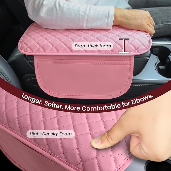 Upgraded Car Center Console Cover with 2 Storage,Arm Rest Covers Armrest Cover for Car, Microfiber Leather Car Armrest Cover Cushion, Universal Car Interior Accessories for Vehicles（Pink longer）