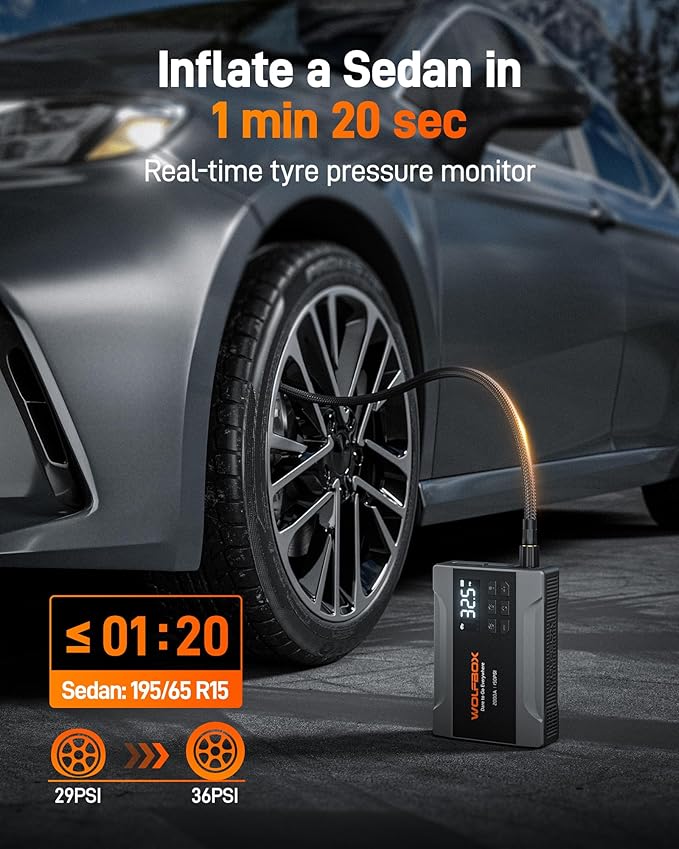 WOLFBOX 2000A Jump Starter with Air Compressor, 37Wh Car Battery Jumper Starter Portable (up to 5L Gas Engine) with 150PSI Tire Inflator, 12V Jump Box with Jumper Cables, Boost, LED Light