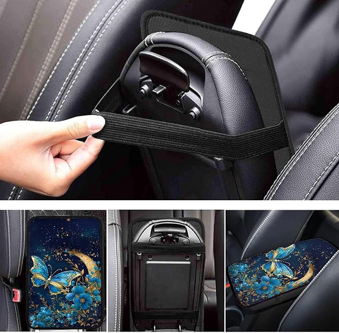 UNICEU Auto Interior Decor Armrest Cover Pad Moon Night Blue Butterfly Print Neoprene Soft Car Center Console Armrest Cushion Cover, Universal