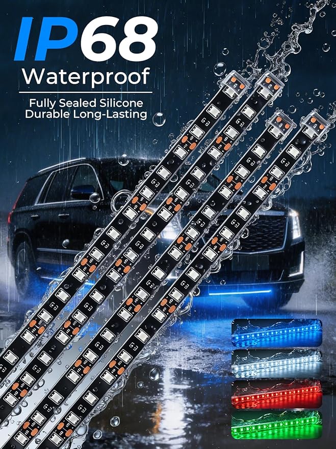 LED Strip Lights 12V Cuttable IP68 Waterproof 12 Inch Interior Exterior Underbody Light for Car SUV Truck Motorcycle Boat Golf Cart 18 SMD 5050 Blue 4 Pack