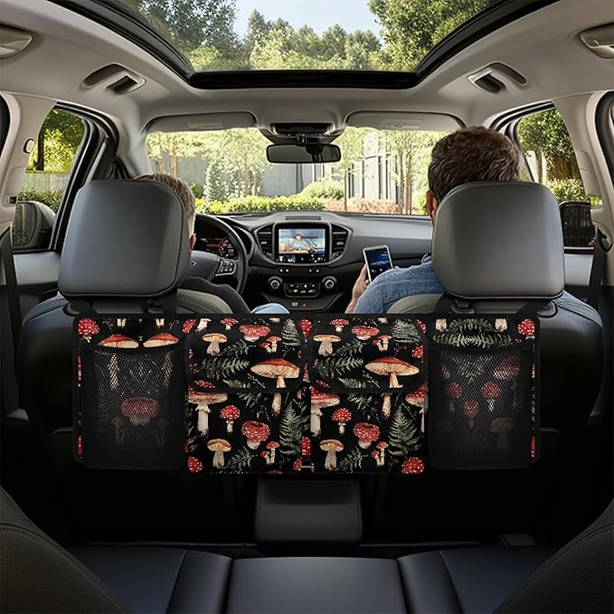 Mushroom Back Trunk Seat Organizer for SUV, Sedan, Van, Oxford Cloth, Equipped with Robust Elastic Net, Hanging Car Storage Organizer with Lids, Easy to Clean & Install In All Vehicles