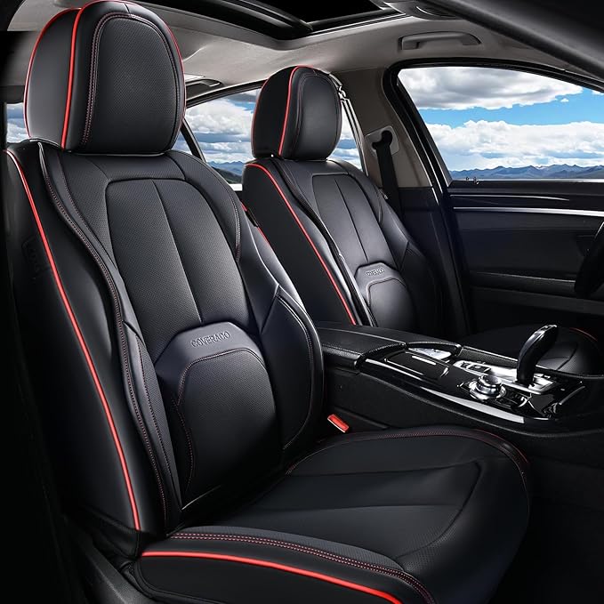 Coverado Car Seat Covers Front Seats, Waterproof Leather Seat Covers for Cars, Luxury Car Seat Covers with Lumbar Support, Car Seat Protector Driver Seat Covers Universal Fit Most Cars (Black&Red)
