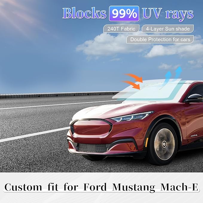 Sun Shade Sunshade for Ford Mustang Mach-E 2021-2024 2025 2026 Windshield Cover, 4-Layer Front Window Shade Custom fit Mach-E Sun Visor 240T Retractable Shield Shade Blocks UV Rays Car Accessories